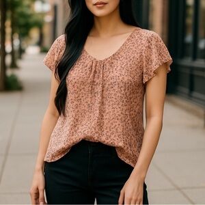 Banana Republic 100% Silk Peach Print Blouse Womens Large Sheer Cap Sleeve Top